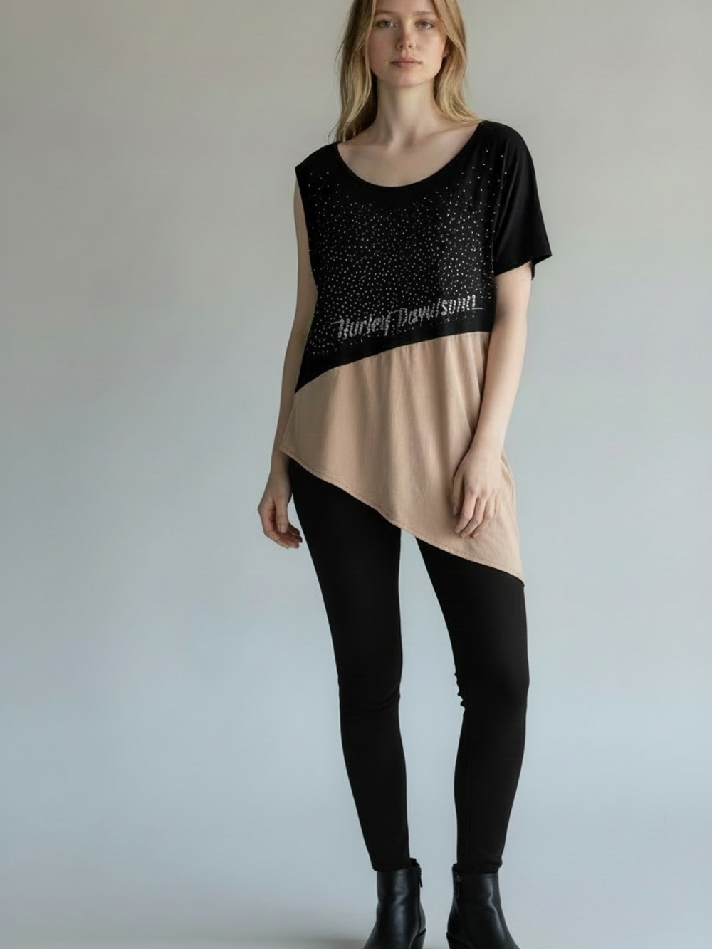 Harley-Davidson Black & Beige Asymmetric Tunic Top